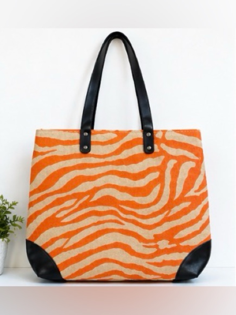 [Murval] Large Orange & White Animal Print Jute Tote Bag – Beach Market Carryall